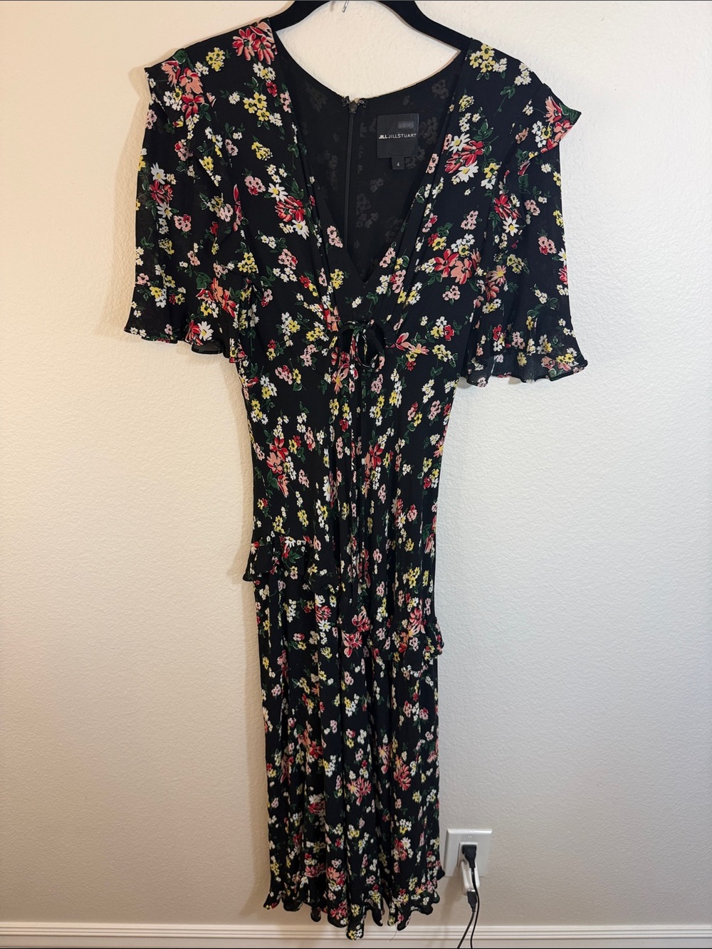 JILL JILL STUART Black Floral Maxi Dress with Pink & Yellow Blooms